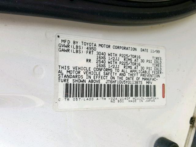 JT6HF10U5Y0113875 - 2000 LEXUS RX 300 WHITE photo 10