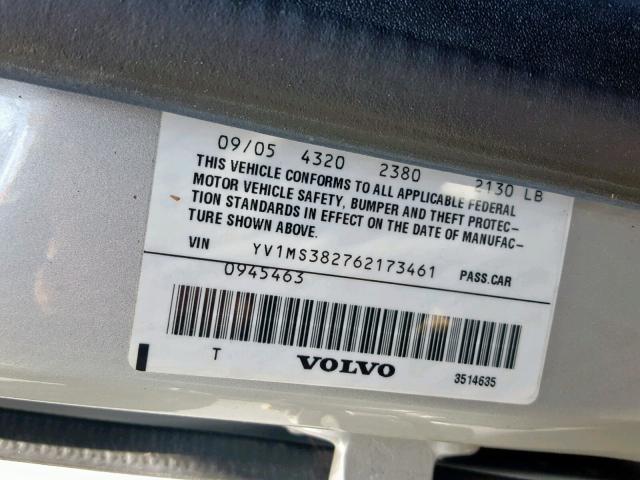 YV1MS382762173461 - 2006 VOLVO S40 2.4I SILVER photo 10