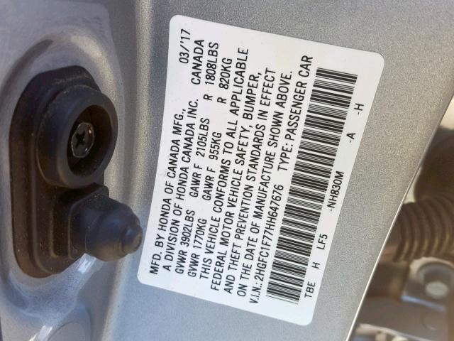 2HGFC1F77HH647676 - 2017 HONDA CIVIC EXL 银色 照片 10