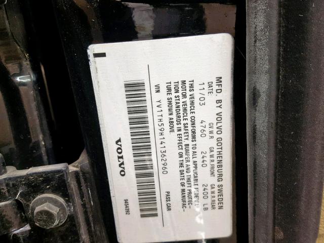 YV1TH59H141362960 - 2004 VOLVO S80 2.5T BLACK photo 10