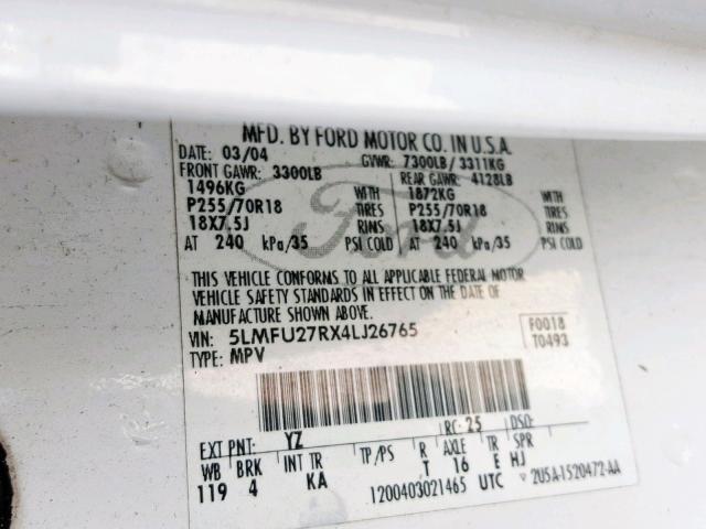 5LMFU27RX4LJ26765 - 2004 LINCOLN NAVIGATOR 白色 照片 10