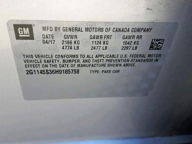 2G1145S36H9185758 - 2017 CHEVROLET IMPALA PRE 银色 照片 10