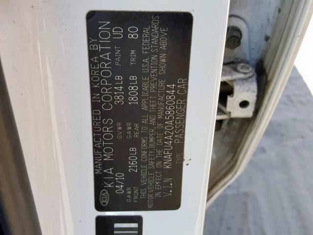 KNAFU4A20A5860844 - 2010 KIA FORTE EX WHITE photo 10