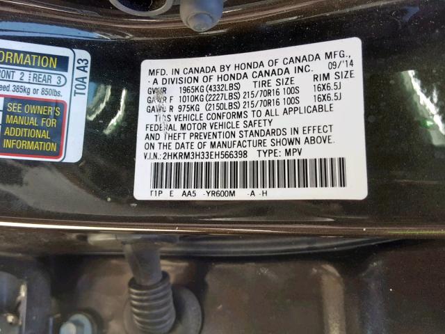 2HKRM3H33EH566398 - 2014 HONDA CR-V LX CHARCOAL photo 10