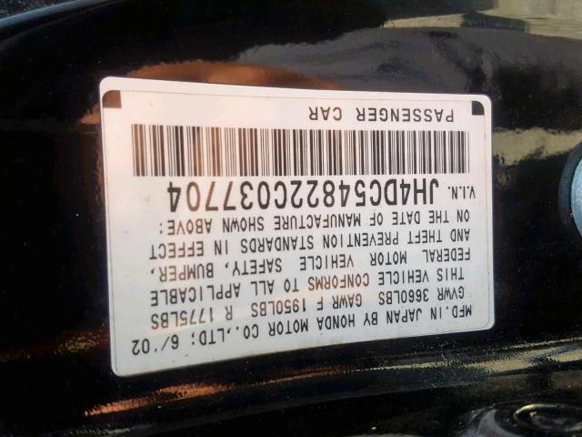 JH4DC54822C037704 - 2002 ACURA RSX BLACK photo 10