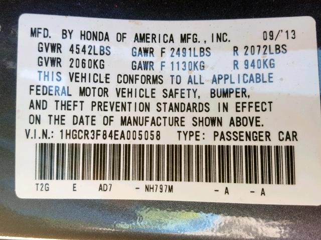 1HGCR3F84EA005058 - 2014 HONDA ACCORD EXL GRAY photo 10