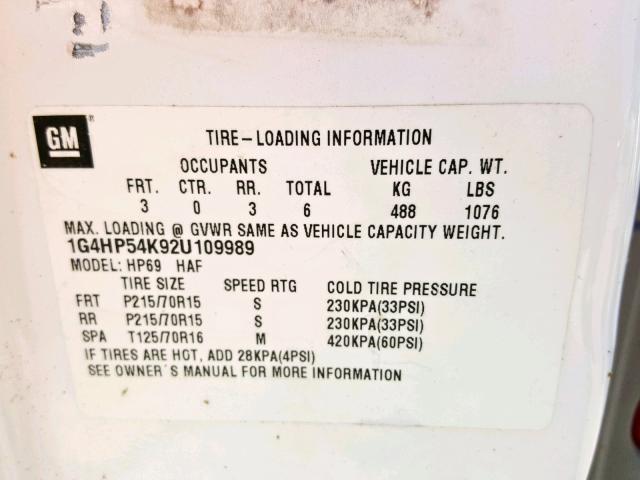 1G4HP54K92U109989 - 2002 BUICK LESABRE CU WHITE photo 10