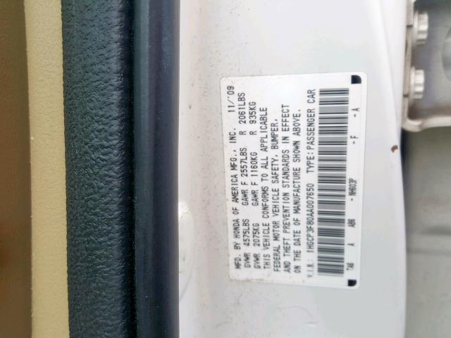 1HGCP3F80AA007650 - 2010 HONDA ACCORD EXL WHITE photo 10