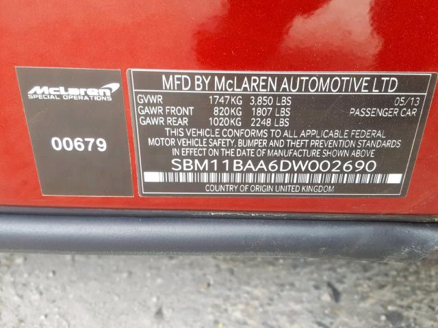 SBM11BAA6DW002690 - 2013 MCLAREN AUTOMOTIVE MP4-12C SP BURGUNDY photo 10