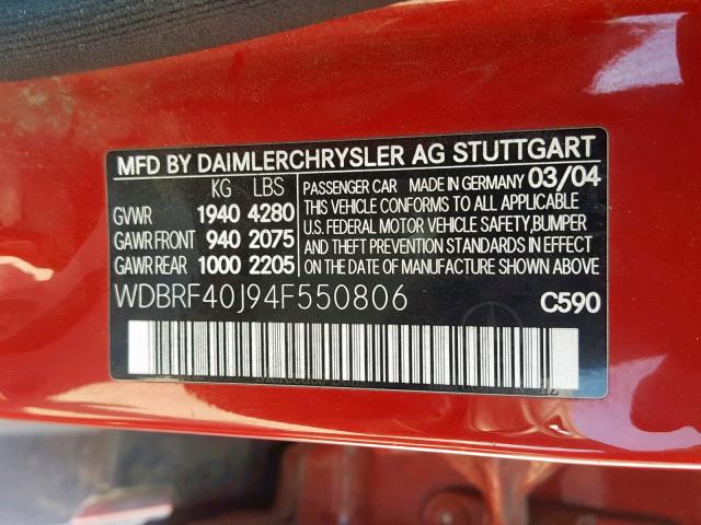 WDBRF40J94F550806 - 2004 MERCEDES-BENZ C 230K SPO RED photo 10