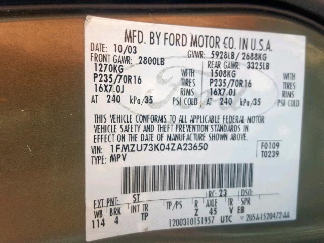 1FMZU73K04ZA23650 - 2004 FORD EXPLORER X GREEN photo 10