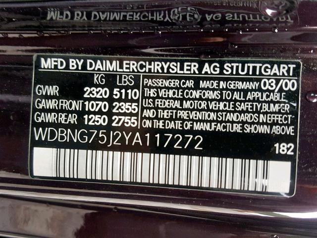 WDBNG75J2YA117272 - 2000 MERCEDES-BENZ S 500 BURGUNDY photo 10