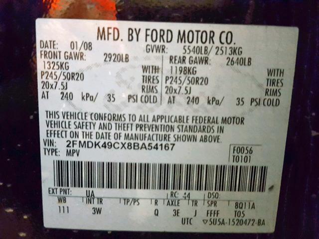 2FMDK49CX8BA54167 - 2008 FORD EDGE LIMIT BLACK photo 10