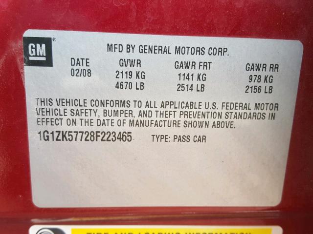 1G1ZK57728F223465 - 2008 CHEVROLET MALIBU LTZ მუქწითელი ფოტო 10