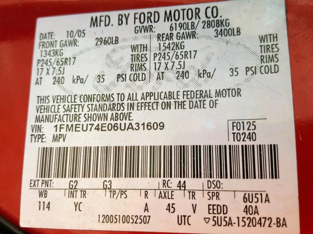 1FMEU74E06UA31609 - 2006 FORD EXPLORER E MAROON photo 10