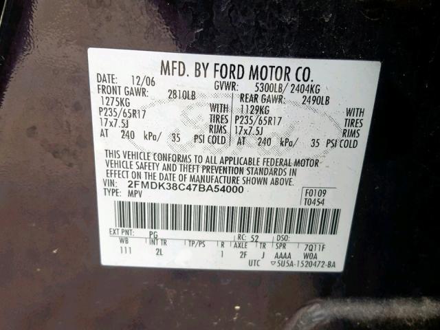 2FMDK38C47BA54000 - 2007 FORD EDGE SEL PURPLE photo 10