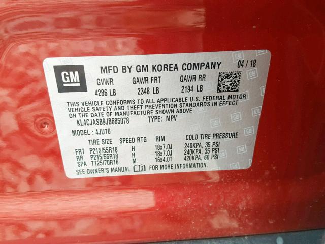 KL4CJASB9JB685078 - 2018 BUICK ENCORE PRE RED photo 10