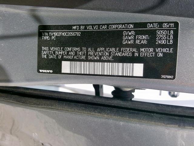 YV1902FH0C2056782 - 2012 VOLVO S60 T6 SILVER photo 10