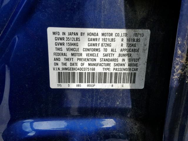 JHMGE8H34DC075168 - 2013 HONDA FIT BLUE photo 10