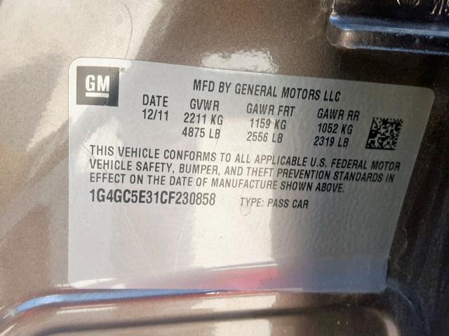 1G4GC5E31CF230858 - 2012 BUICK LACROSSE SILVER photo 10