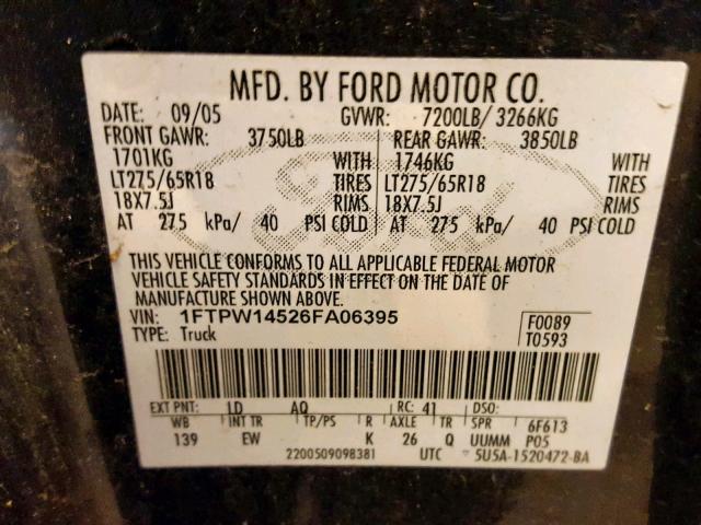 1FTPW14526FA06395 - 2006 FORD F150 SUPER BLUE photo 10