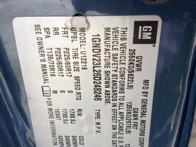 1GNDV23L26D248246 - 2006 CHEVROLET UPLANDER L 蓝色 照片 10