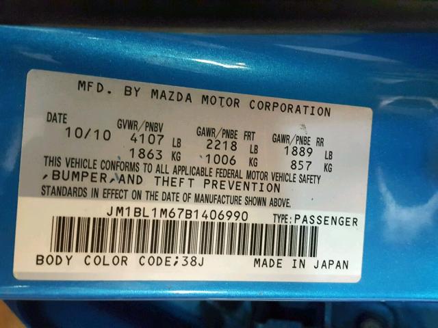 JM1BL1M67B1406990 - 2011 MAZDA 3 S BLUE photo 10