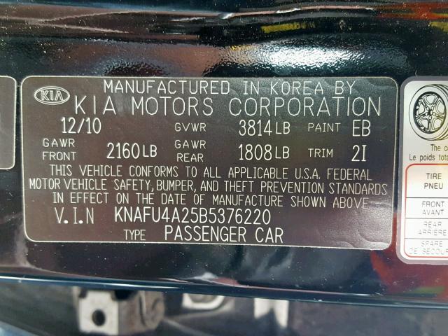 KNAFU4A25B5376220 - 2011 KIA FORTE EX BLACK photo 10