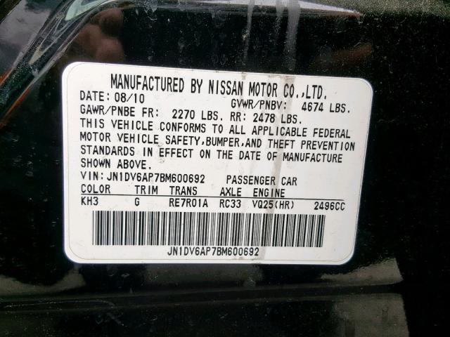 JN1DV6AP7BM600692 - 2011 INFINITI G25 BASE BLACK photo 10