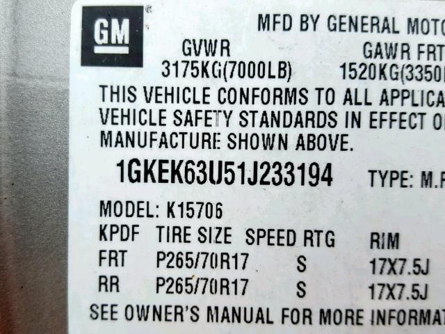 1GKEK63U51J233194 - 2001 GMC DENALI BEIGE photo 10