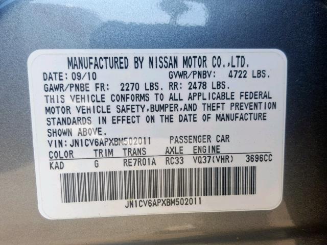 JN1CV6APXBM502011 - 2011 INFINITI G37 BASE GRAY photo 10