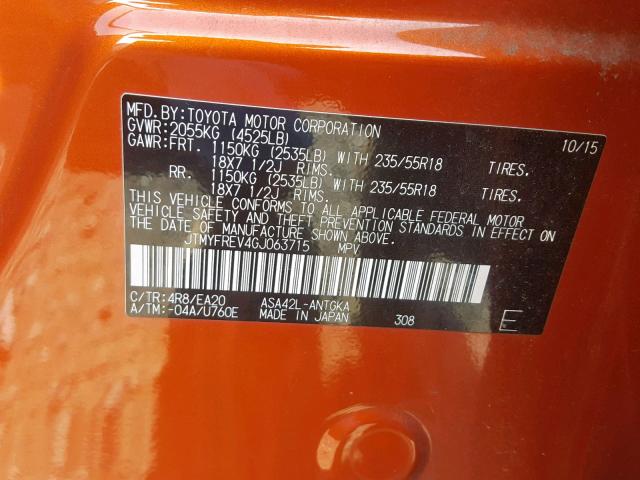 JTMYFREV4GJ063715 - 2016 TOYOTA RAV4 LIMIT ORANGE photo 10