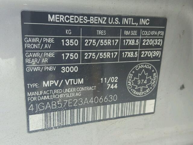 4JGAB57E23A406630 - 2003 MERCEDES-BENZ ML 350 SILVER photo 10