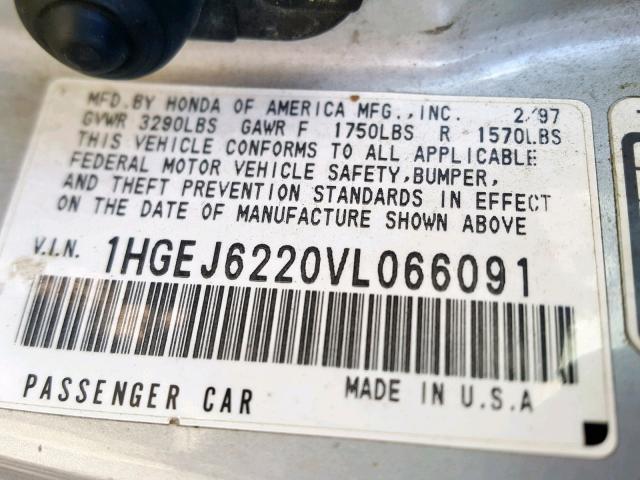 1HGEJ6220VL066091 - 1997 HONDA CIVIC DX SILVER photo 10