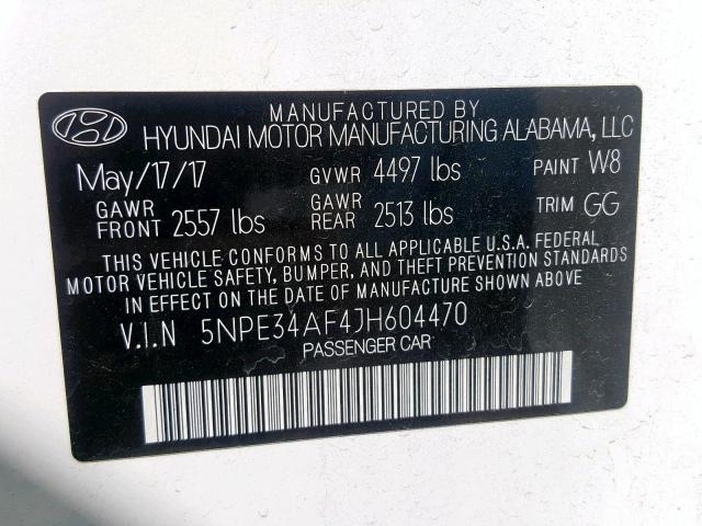 5NPE34AF4JH604470 - 2018 HYUNDAI SONATA SPO WHITE photo 10