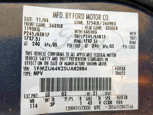 1FMZU64K25UA82884 - 2005 FORD EXPLORER E BLUE photo 10