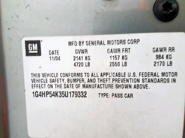 1G4HP54K35U179332 - 2005 BUICK LESABRE CU GRAY photo 10