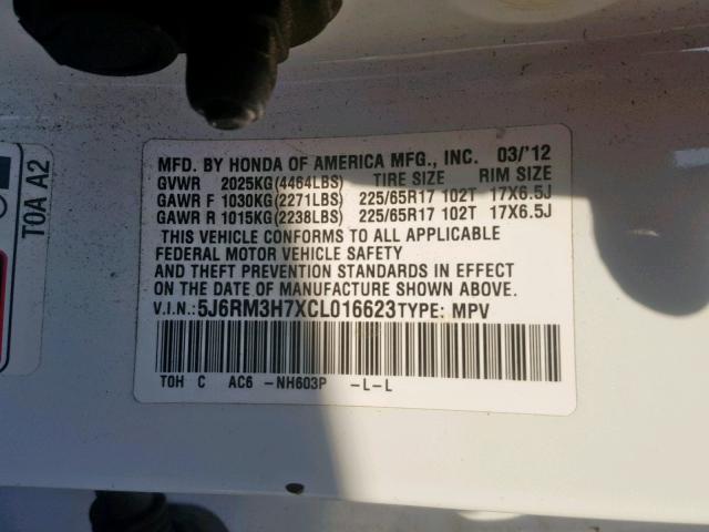 5J6RM3H7XCL016623 - 2012 HONDA CR-V EXL WHITE photo 10