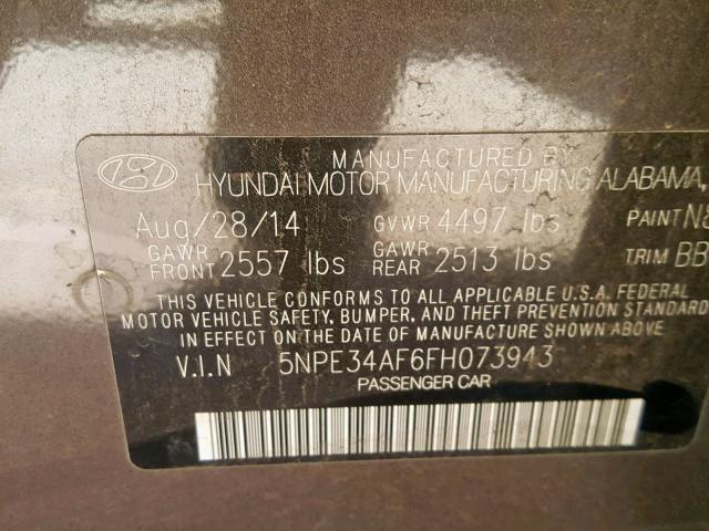 5NPE34AF6FH073943 - 2015 HYUNDAI SONATA SPO GRAY photo 10