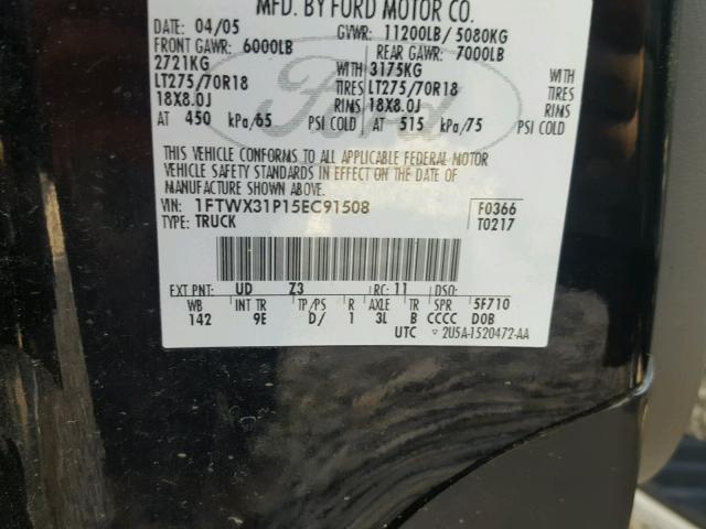 1FTWX31P15EC91508 - 2005 FORD F350 SRW S BLACK photo 10