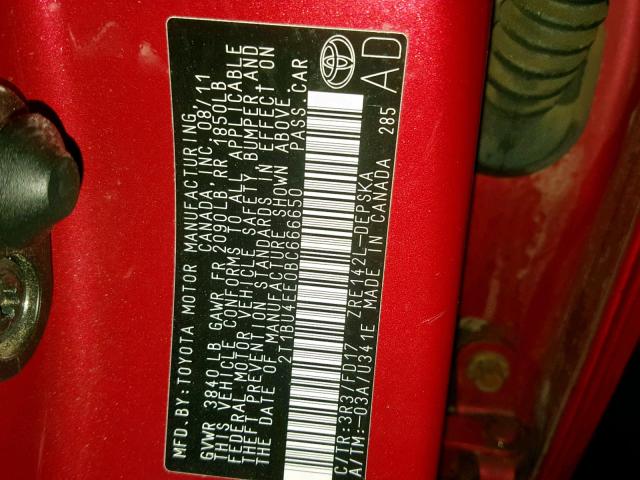 2T1BU4EE0BC666650 - 2011 TOYOTA COROLLA BA RED photo 10