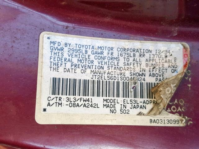 JT2EL56D1S0046324 - 1995 TOYOTA TERCEL DX RED photo 10