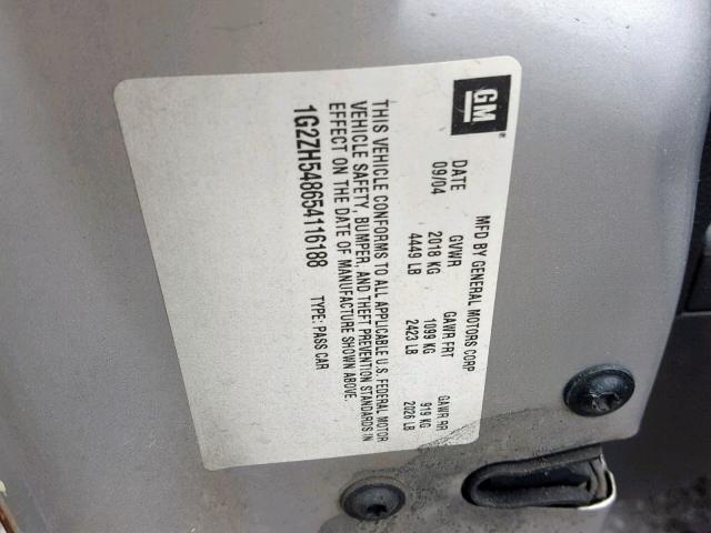 1G2ZH548654116188 - 2005 PONTIAC G6 GT GRAY photo 10