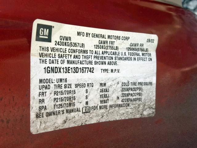 1GNDX13E13D167742 - 2003 CHEVROLET VENTURE LU RED photo 10