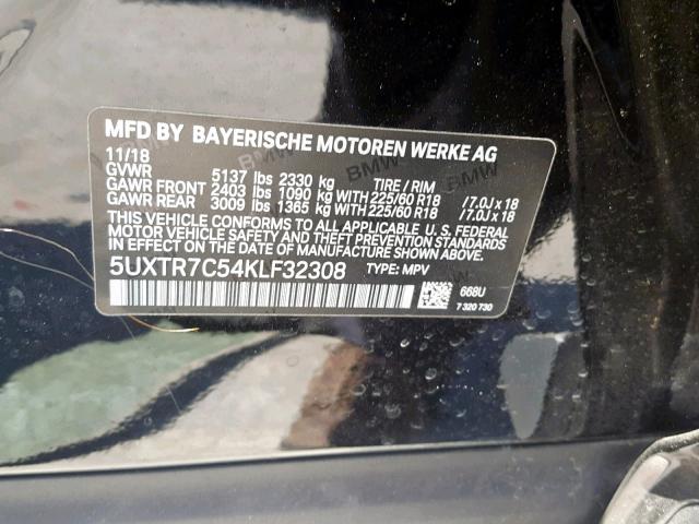 5UXTR7C54KLF32308 - 2019 BMW X3 SDRIVE3 BLACK photo 10