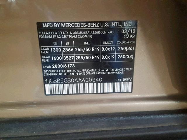 4JGBB5GB0AA600340 - 2010 MERCEDES-BENZ ML 350 BEIGE photo 10