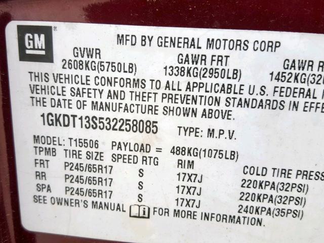 1GKDT13S532258085 - 2003 GMC ENVOY BURGUNDY photo 10