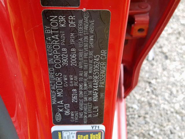 KNAFX4A89E5106245 - 2014 KIA FORTE EX RED photo 10