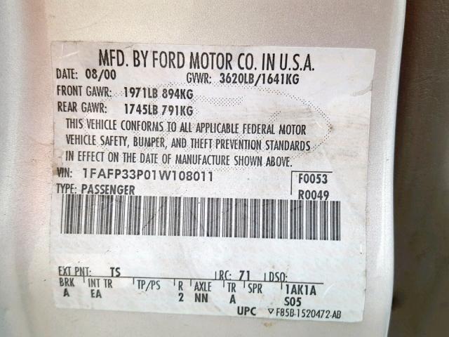 1FAFP33P01W108011 - 2001 FORD FOCUS LX SILVER photo 10