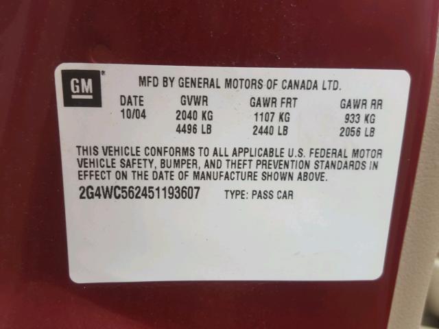 2G4WC562451193607 - 2005 BUICK LACROSSE C BURGUNDY photo 10